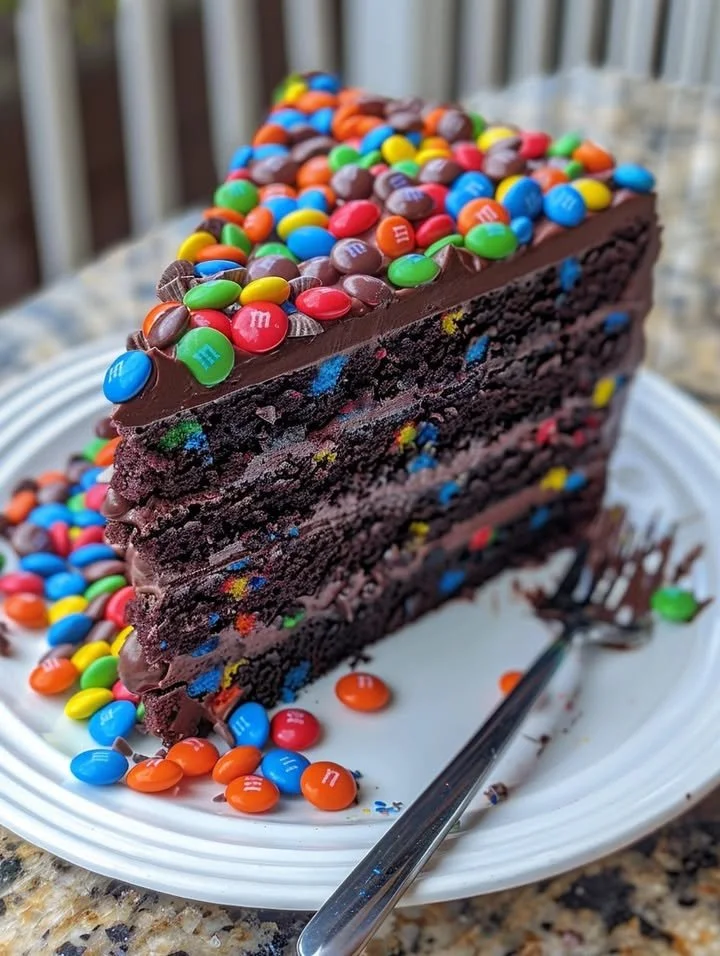 Delicious Chocolate M&M Celebration Cake topped with colorful candies.