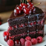 Decadent Chocolate Raspberry Truffle Cake with chocolate and raspberry layers