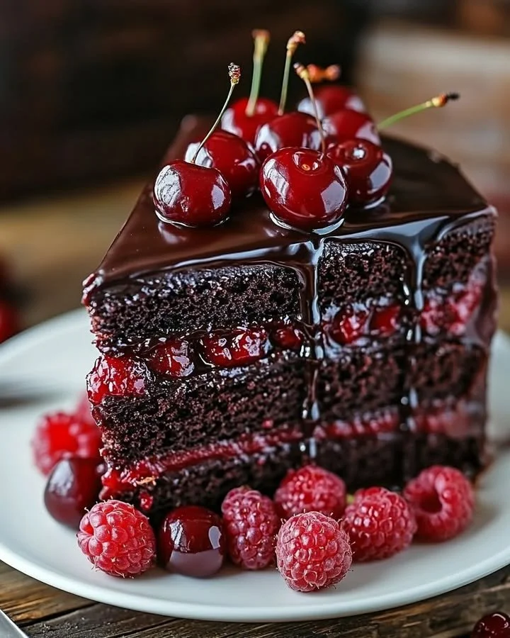 Decadent Chocolate Raspberry Truffle Cake with chocolate and raspberry layers