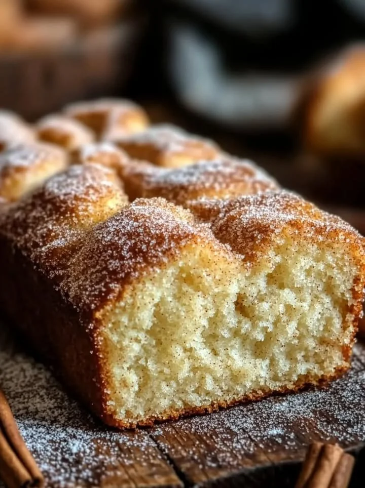 Freshly baked cinnamon donut bread topped with sugar and spices.