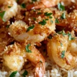 Coconut Crisp Shrimp served with springy rice on a plate