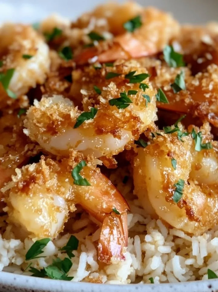 Coconut Crisp Shrimp served with springy rice on a plate