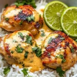 Delicious Coconut Lime Chicken served with rice and garnished with lime slices.