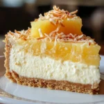Delicious Coconut Pineapple Cheesecake topped with fresh coconut and pineapple slices