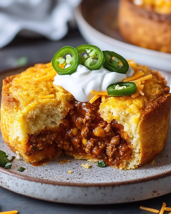 Delicious Cornbread Chili Pot Pie with a golden crust and hearty chili filling.
