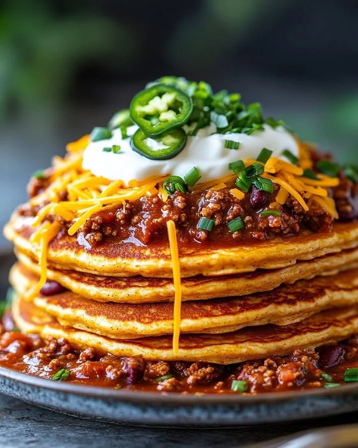 Delicious cornbread pancakes served with savory breakfast chili.