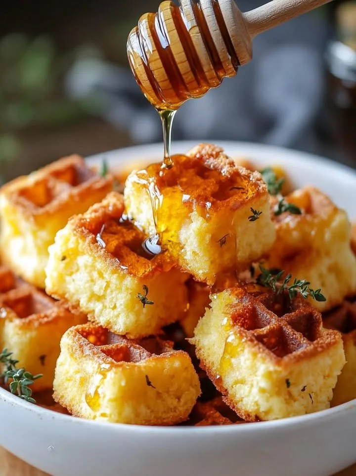 Cornbread waffle bites topped with smoked gouda and drizzled with honey