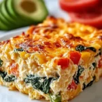 Cottage cheese and veggie bake in a ceramic dish, garnished and ready to serve.