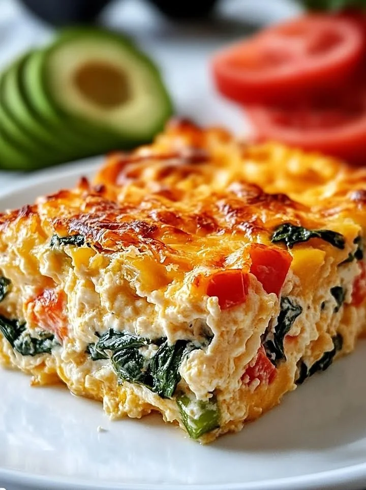 Cottage cheese and veggie bake in a ceramic dish, garnished and ready to serve.