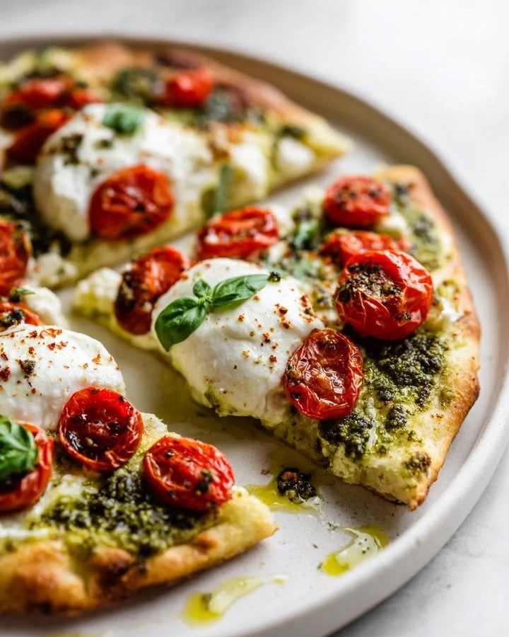 Cottage cheese flatbread topped with fresh summer vegetables and herbs.