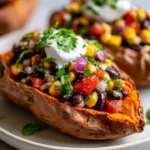 Cowboy Caviar stuffed sweet potatoes served on a colorful plate