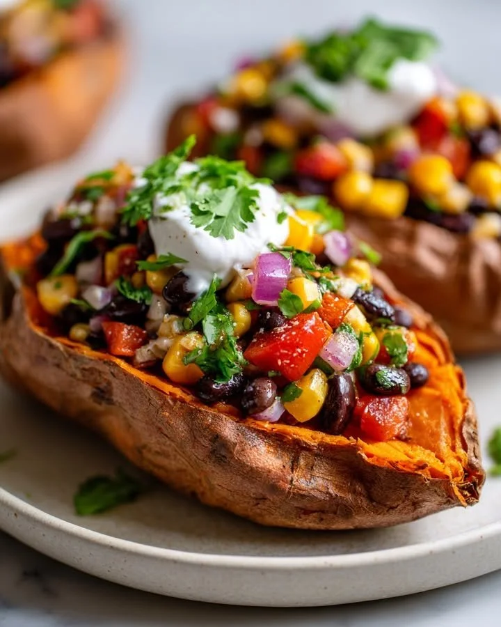 Cowboy Caviar stuffed sweet potatoes served on a colorful plate