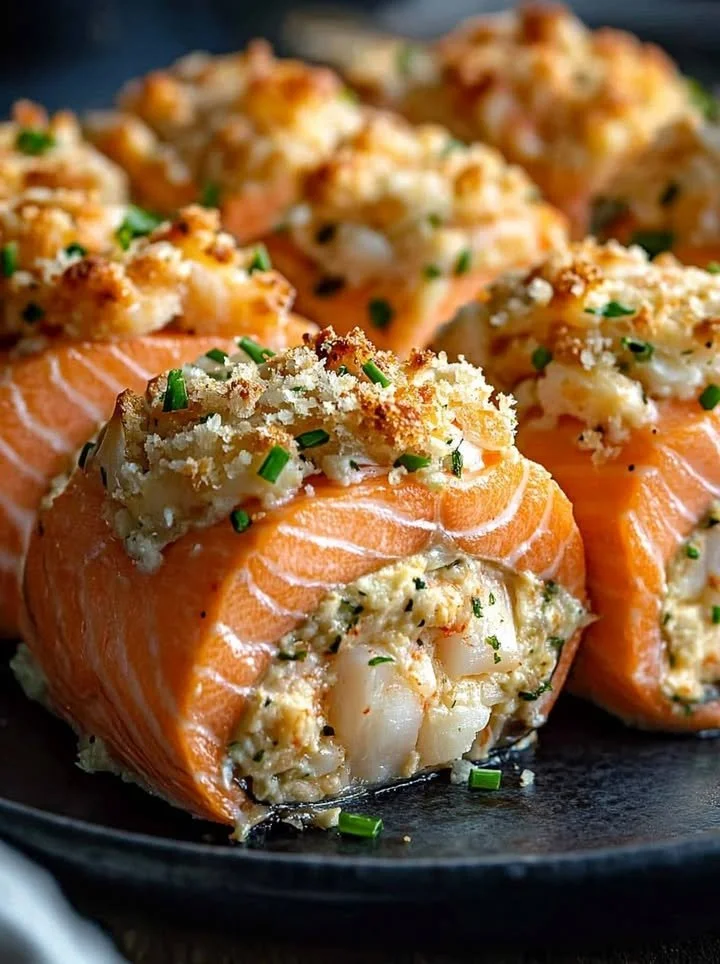Delicious crab and shrimp stuffed salmon served with garnishes