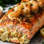 Crab and Shrimp Stuffed Salmon on a plate with lemon and herbs