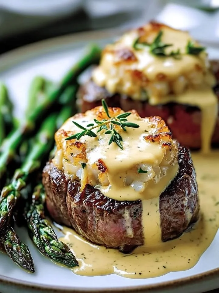 Delicious Crab-Stuffed Beef Tenderloin with Béarnaise sauce served elegantly