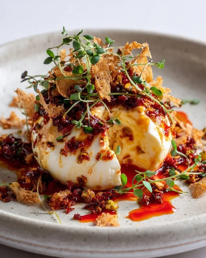 Cracked burrata drizzled with gochujang oil and garnished with pistachio brittle.