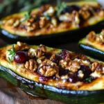 Cranberry and goat cheese stuffed zucchini boats ready to be served