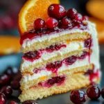 Cranberry Orange Drip Cake decorated with orange slices and cranberries on top