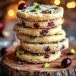 Cranberry Pistachio Shortbread Cookies on a plate, showcasing their festive colors.