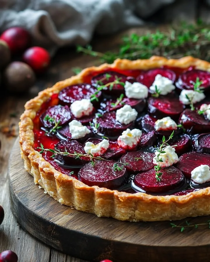 Delicious Cranberry Tart with roasted beets on a decorative plate