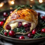 Cranberry and spinach stuffed chicken breasts with brie cheese on a plate