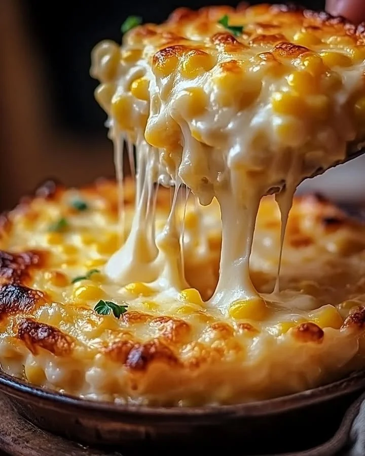 Cream cheese corn casserole in a baking dish, ready to serve.
