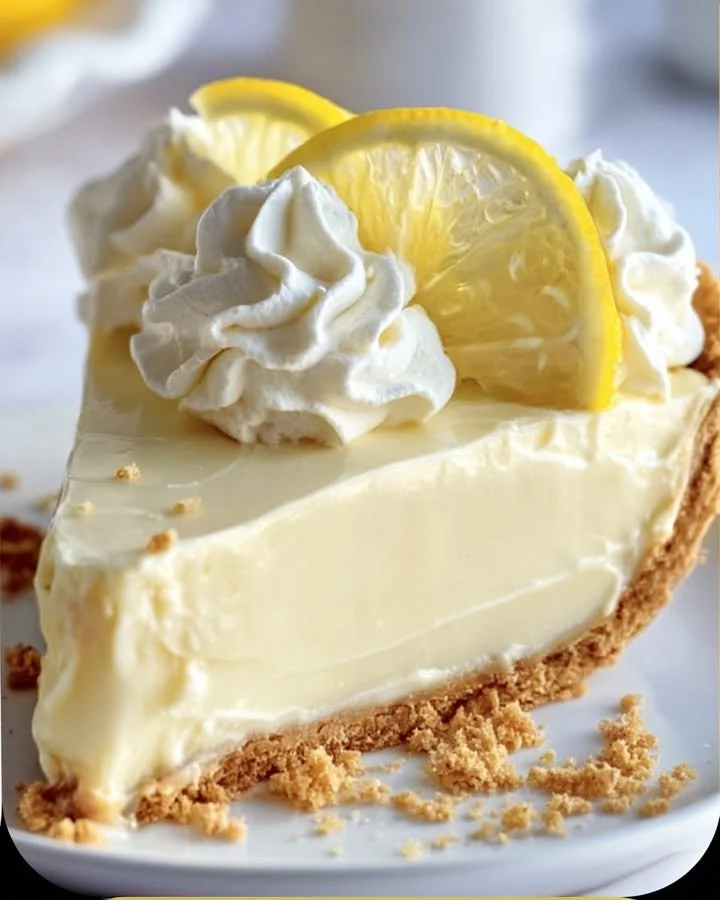 Cream Cheese Lemonade Pie topped with fresh lemons and whipped cream