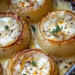 Creamy baked onions topped with Asiago cheese, perfect for a savory dish.