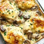 Creamy chicken and mushroom bake served in a dish with herbs.