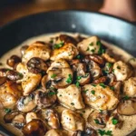 Creamy chicken dish with mushrooms in a Dijon sauce, garnished and served