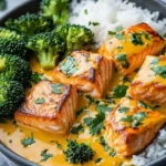 Creamy coconut curry salmon with tender broccoli on a plate