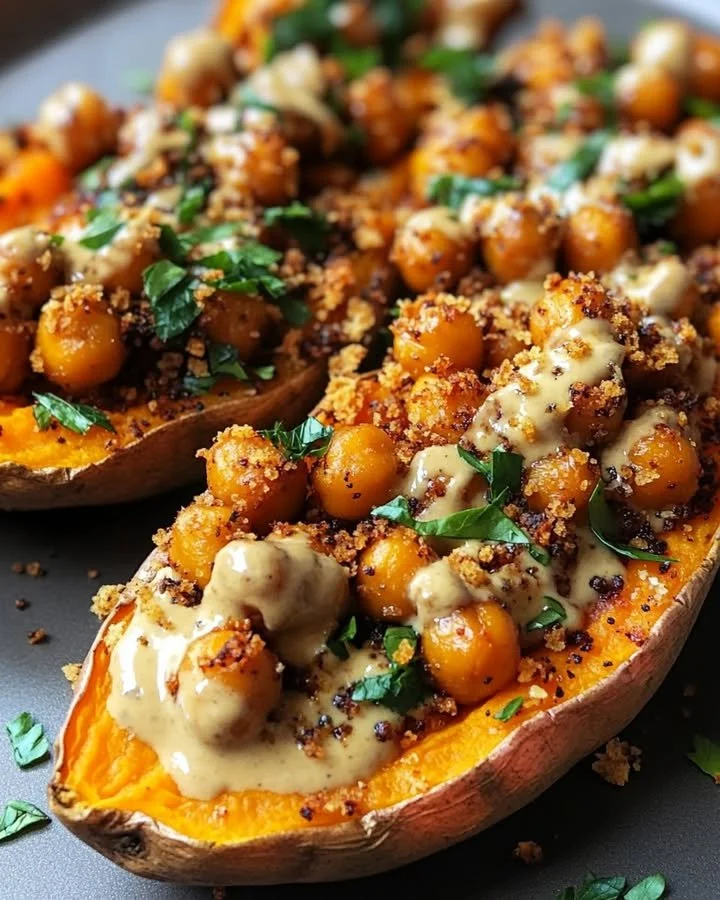 Creamy and crispy sweet potatoes with spiced chickpeas and tahini butter sauce