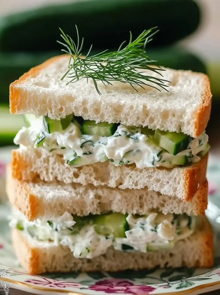 Creamy cucumber tea sandwiches served on a platter for afternoon tea