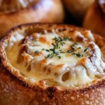 Creamy French onion soup served in a sourdough bread bowl, garnished with cheese.