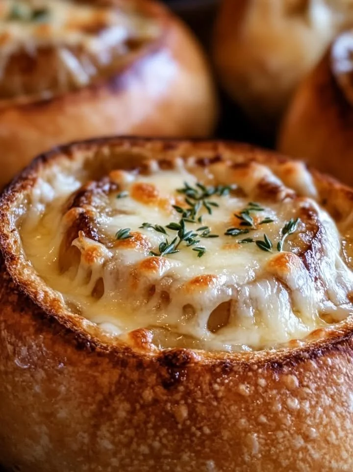 Creamy French onion soup served in a sourdough bread bowl, garnished with cheese.