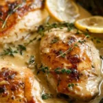 Creamy lemon thyme chicken served with herbs and garnishes