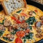 Bowl of creamy Parmesan Italian sausage soup garnished with herbs.