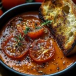 Creamy roasted tomato and garlic soup in a bowl, garnished with fresh herbs.