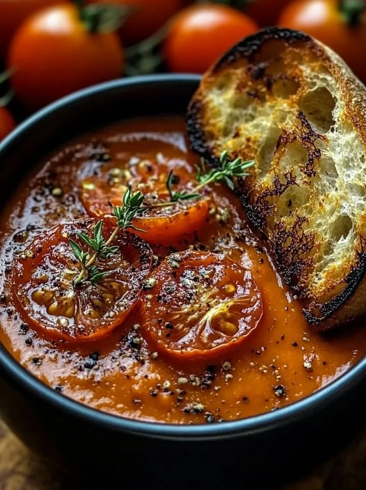 Creamy roasted tomato and garlic soup in a bowl, garnished with fresh herbs.