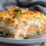 Creamy salmon lasagna with spinach and ricotta layered in a baking dish.