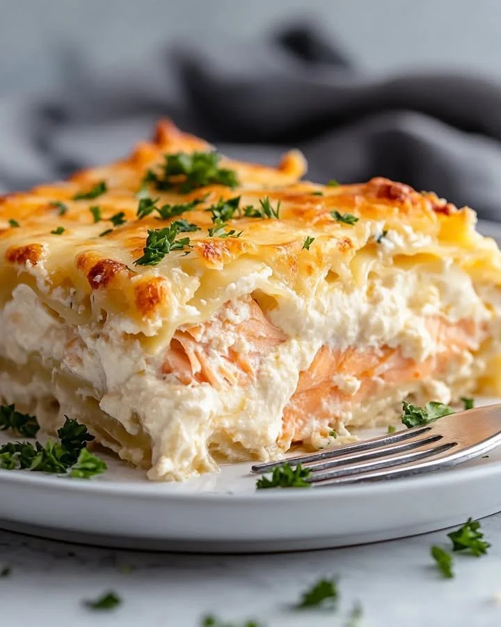 Creamy salmon lasagna with spinach and ricotta layered in a baking dish.