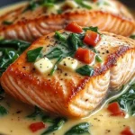 Creamy spinach and roasted red pepper salmon fillet served on a plate