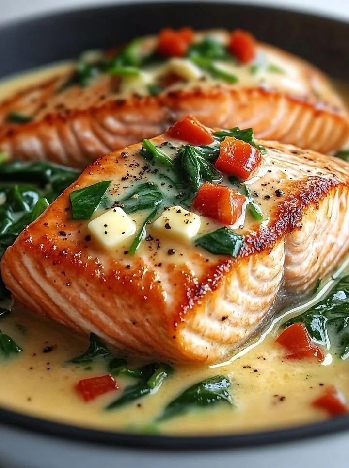 Creamy spinach and roasted red pepper salmon fillet served on a plate