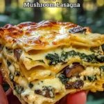 Creamy spinach mushroom lasagna served on a plate with a garnish.