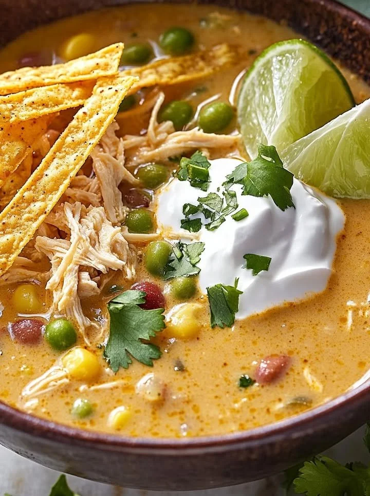 Creamy white chicken chili served in a bowl with toppings.