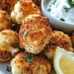 Crispy baked cauliflower bites served on a plate garnished with herbs