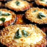 Crispy baked eggplant parmesan served on a plate with fresh basil garnish