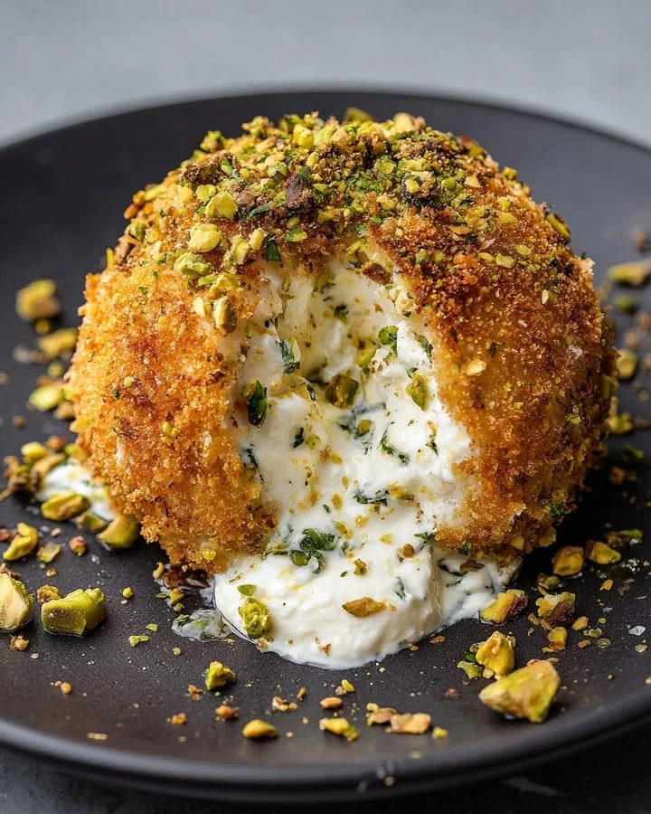Crispy Burrata Bomb served with whipped goat cheese and herb core