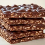 Crispy chocolate crunch bars stacked on a plate with chocolate drizzle