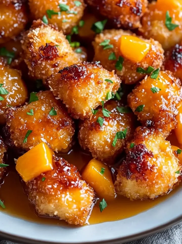 Plate of crispy coconut chicken garnished with peach sauce and fresh herbs